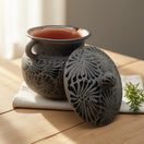 Black Talavera Bean Pot with Lid | Mexican Clay Frijolero hand-painted black-on-black Talavera bean pot with carved floral motifs and lid