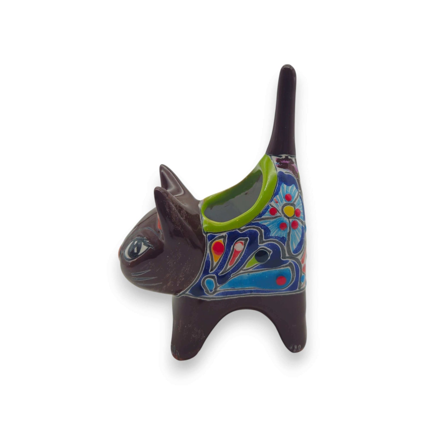 Colorful Talavera Cat Planter | Mexican Ceramic Art - hand-painted black cat planter with red green yellow floral motifs