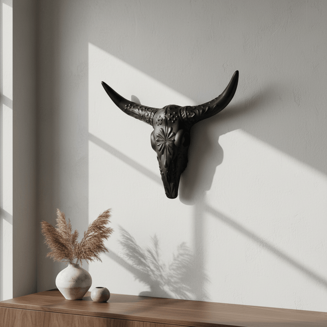 Matte black Talavera longhorn wall art above a wooden console in a bright room
