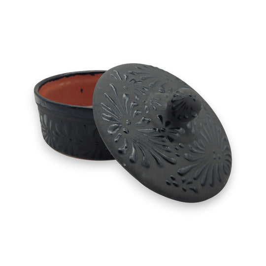 Black Talavera Tortilla Keeper | Handcrafted Ceramic Warmer - matte black hand-painted Talavera tortilla warmer with carved floral motifs, kiln-fired, lead-free glaze