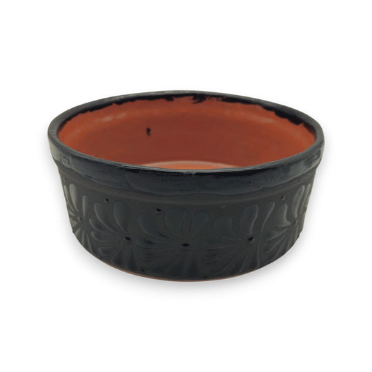 Black Talavera Tortilla Keeper | Handcrafted Ceramic Warmer — matte black hand-painted carved floral tortilla warmer, kiln-fired lead-free glaze