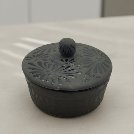 Black Talavera Tortilla Keeper | Handcrafted Ceramic Warmer in matte black with carved floral motifs, hand-painted, kiln-fired, lead-free glaze