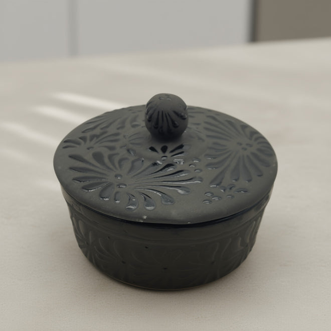 Black Talavera Tortilla Keeper | Handcrafted Ceramic Warmer in matte black with carved floral motifs, hand-painted, kiln-fired, lead-free glaze