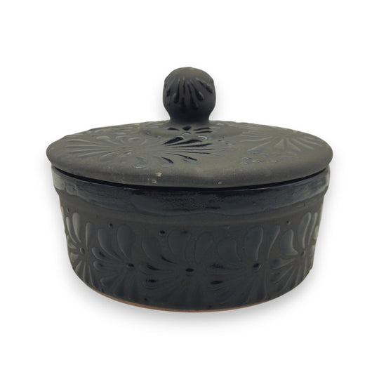 Black Talavera Tortilla Keeper | Handcrafted Ceramic Warmer - matte black hand-painted Talavera tortilla warmer with carved floral motifs