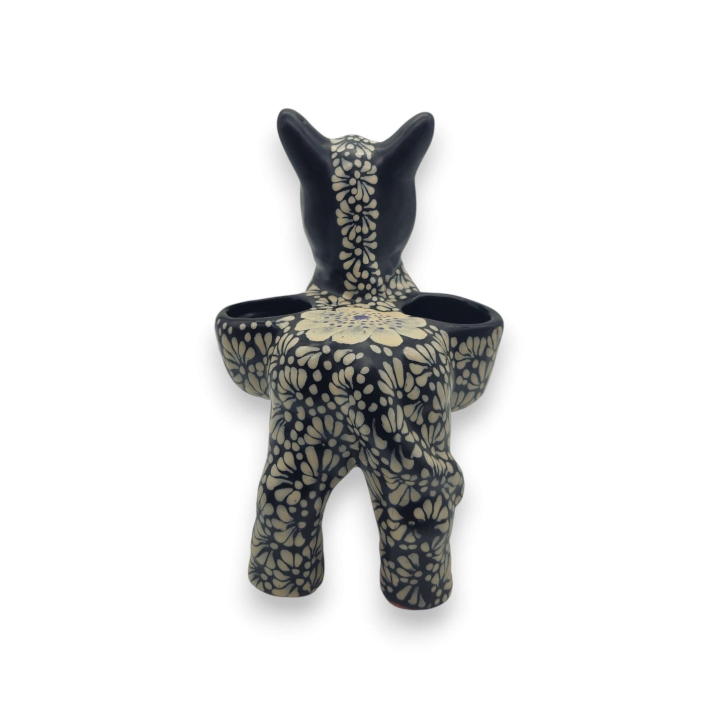 Floral Black & White Talavera Donkey Planter | Mexican Pottery - hand-painted black & white floral donkey planter with blue eyes, lead-free glazed
