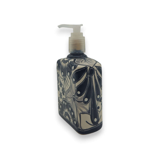 Black & White Talavera Soap Pump | Floral Ceramic Dispenser - hand-painted black and white floral Talavera soap pump made in Guanajuato, Mexico