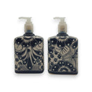 Black & White Talavera Soap Pump | Floral Ceramic Dispenser - hand-painted black and white floral Talavera ceramic soap pump, pair view