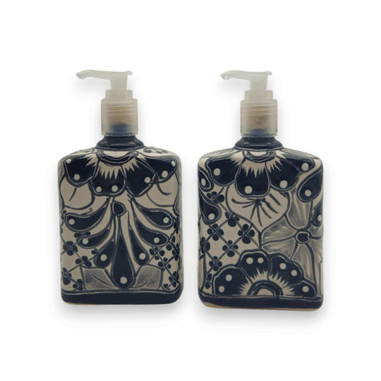 Black & White Talavera Soap Pump | Floral Ceramic Dispenser - hand-painted black and white floral Talavera ceramic soap pump, pair view