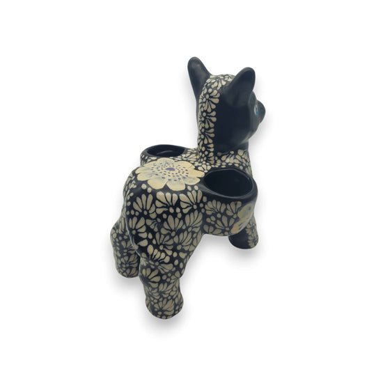 Floral Black & White Talavera Donkey Planter | Mexican Pottery - hand-painted black and white floral donkey planter with blue eyes