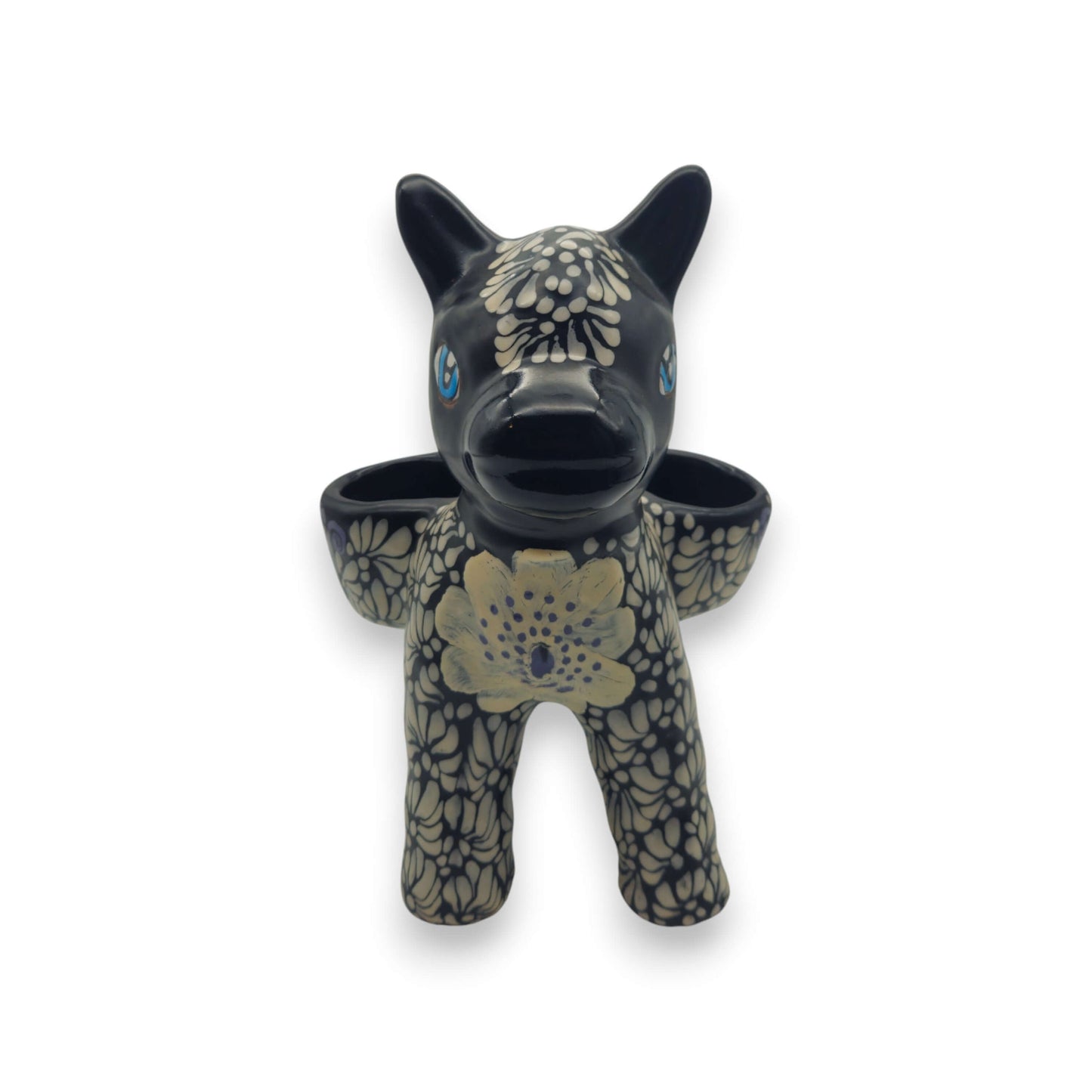Floral Black & White Talavera Donkey Planter | Mexican Pottery hand-painted glossy donkey with blue eyes and floral pattern