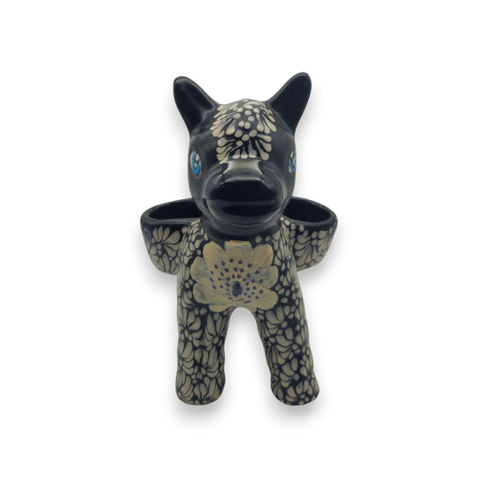 Floral Black & White Talavera Donkey Planter | Mexican Pottery hand-painted glossy donkey with blue eyes and floral pattern