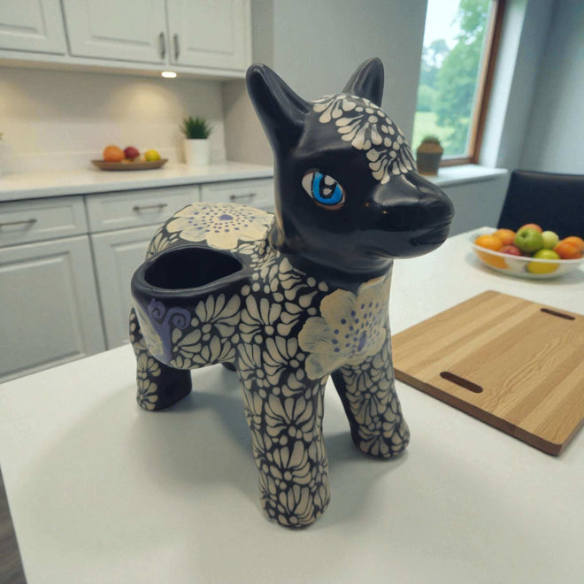 Floral Black & White Talavera Donkey Planter | Mexican Pottery - hand-painted glossy floral donkey with bright blue eyes from Guanajuato, Mexico