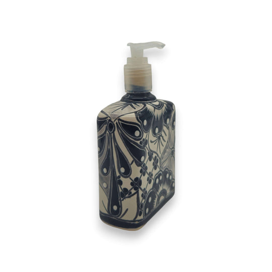 Black & White Talavera Soap Pump | Floral Ceramic Dispenser hand-painted black and white floral ceramic soap pump from Guanajuato
