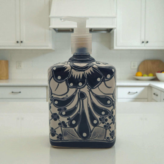 Black & White Talavera Soap Pump | Floral Ceramic Dispenser hand-painted Mexican ceramic soap dispenser with black floral Talavera pattern