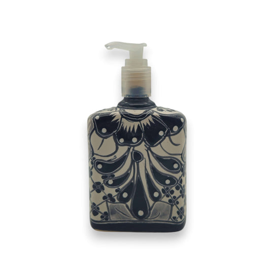 Black & White Talavera Soap Pump | Floral Ceramic Dispenser - hand-painted black and white floral ceramic soap pump from Guanajuato, Mexico