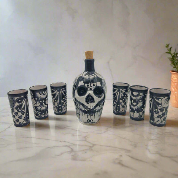 Talavera Skull Decanter with 6 Shot Glasses | Mexican Bar Set hand-painted black and white Day of the Dead skull decanter with six matching shot glasses