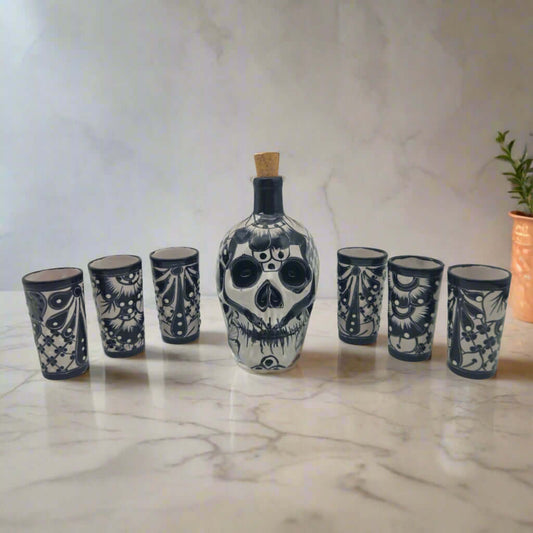 Talavera Skull Decanter with 6 Shot Glasses | Mexican Bar Set hand-painted black and white Day of the Dead skull decanter with six matching shot glasses