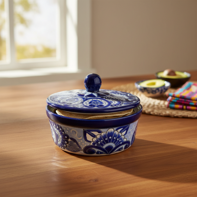 Blue & White Talavera Tortilla Warmer - lifestyle product view 1