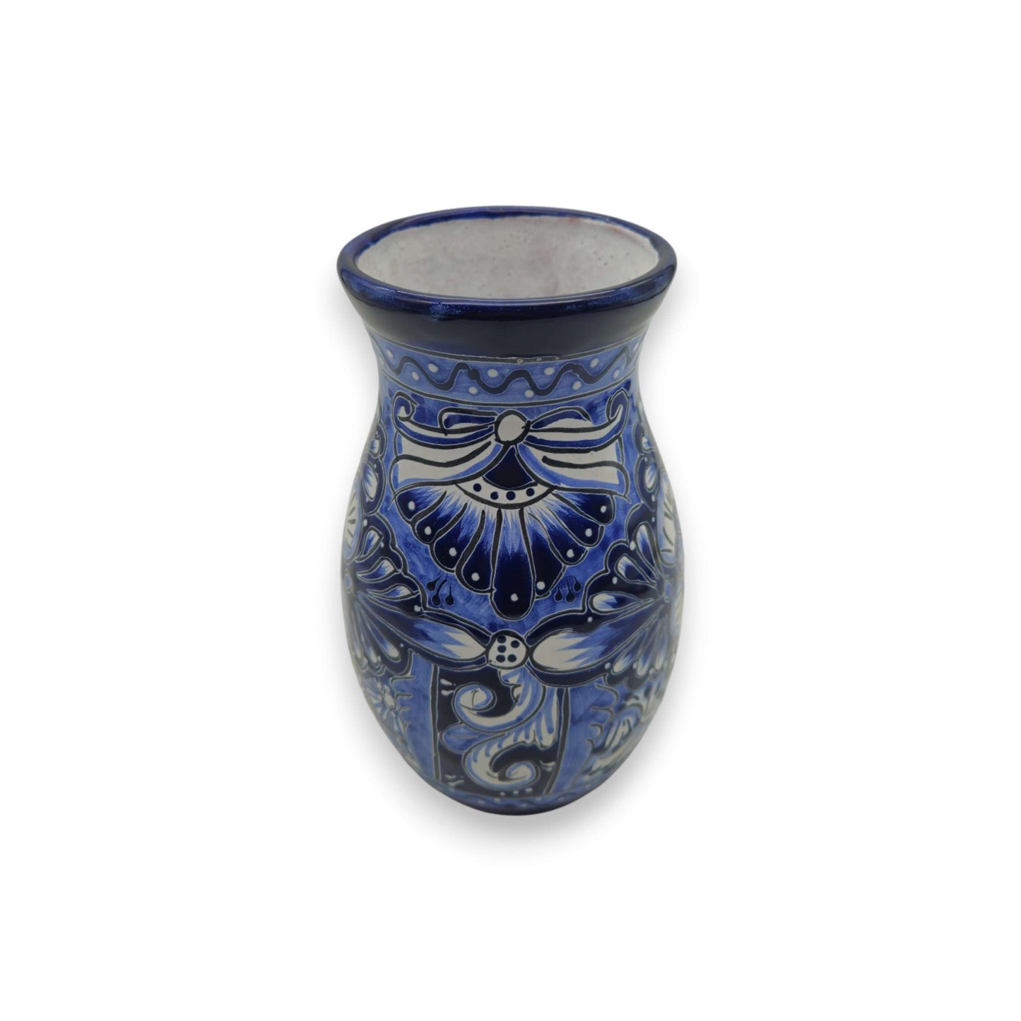 Blue Floral Talavera Vase | Hand-Painted Mexican Pottery - deep cobalt blue and white hand-painted floral motifs with fish accents, kiln-fired lead-free glaze