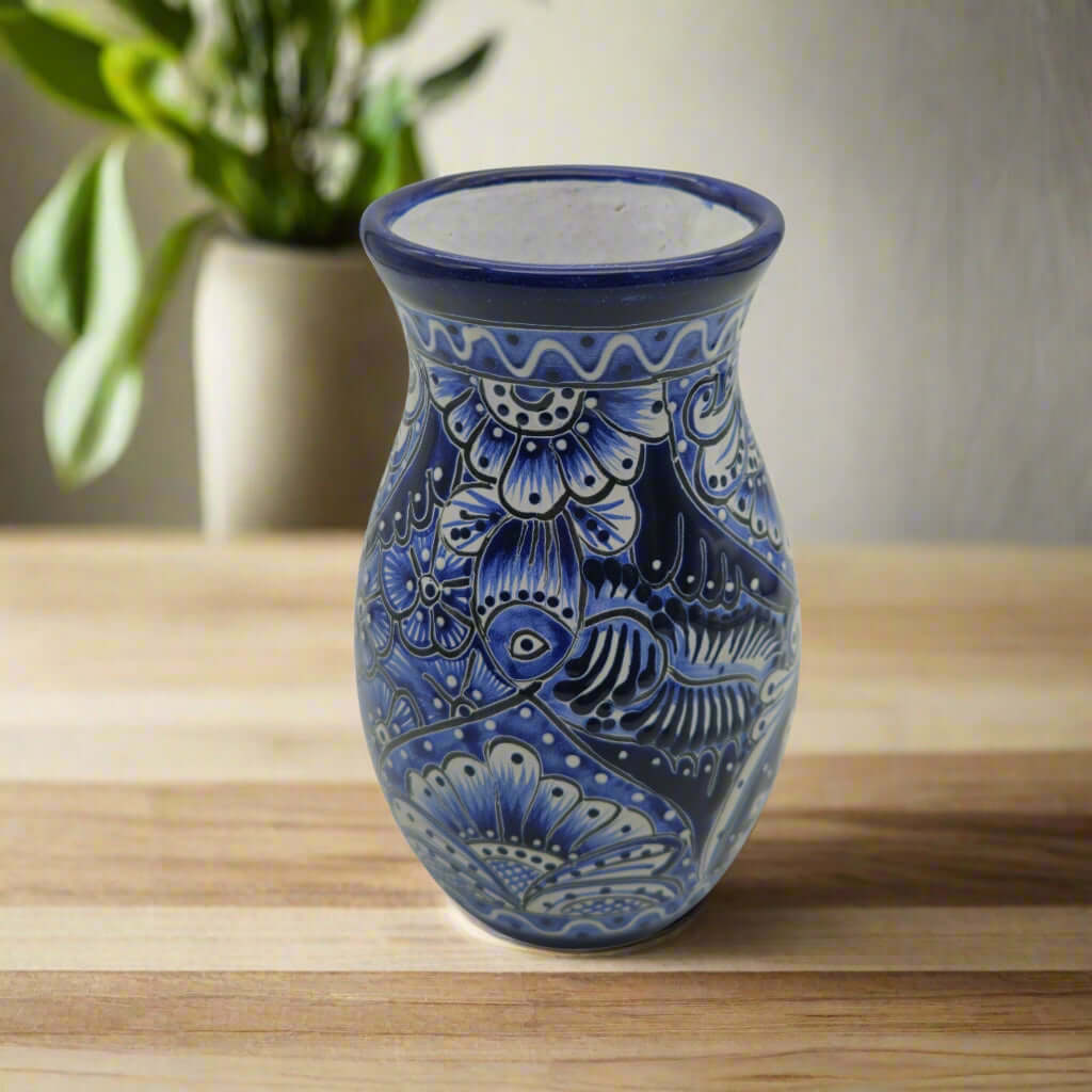 Blue Floral Talavera Vase | Hand-Painted Mexican Pottery - deep cobalt blue hand-painted floral and fish motifs on kiln-fired lead-free glaze
