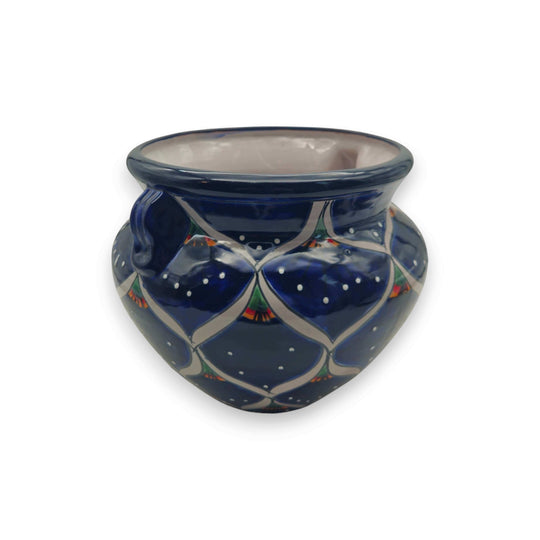 Blue Peacock Talavera Pot | Hand-Painted Mexican Ceramic - deep cobalt blue peacock feather motifs, hand-painted lead-free glaze, made in Guanajuato, Mexico