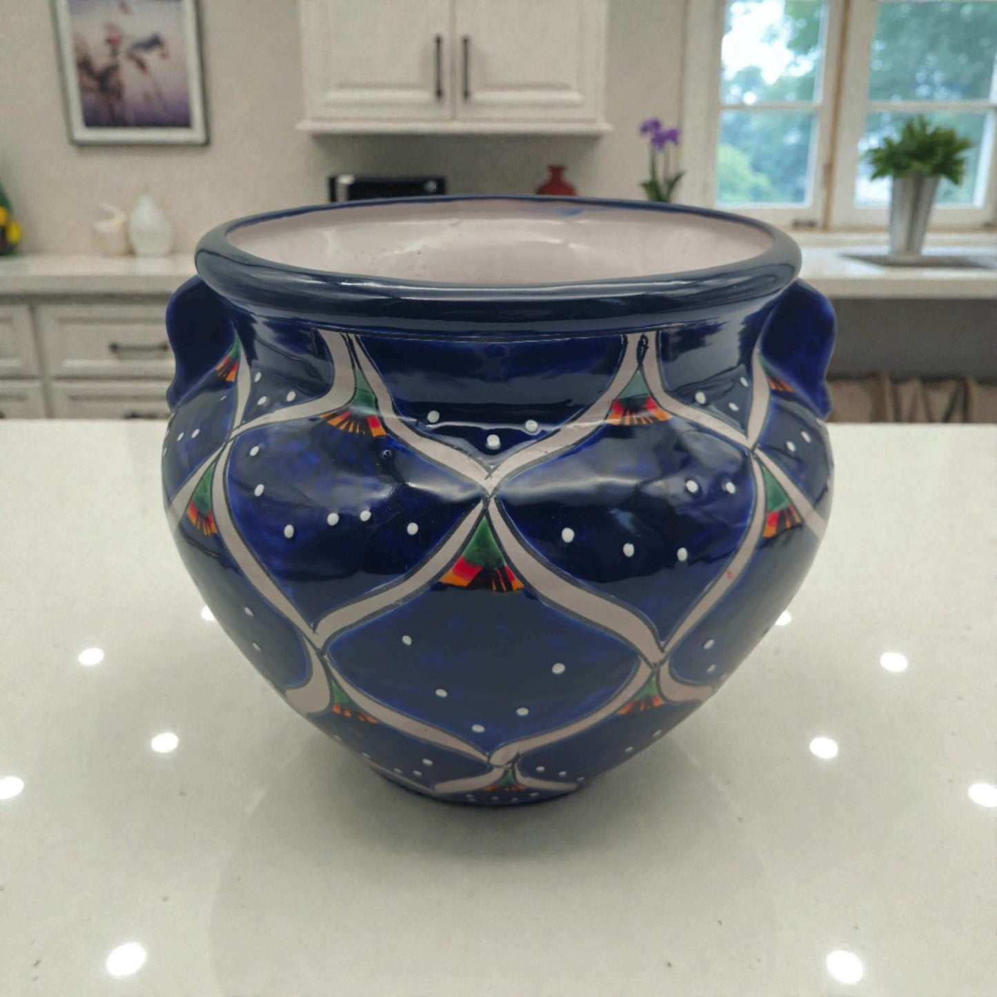 Blue Peacock Talavera Pot | Hand-Painted Mexican Ceramic - deep cobalt blue peacock feather motifs, hand-painted kiln-fired pottery from Guanajuato