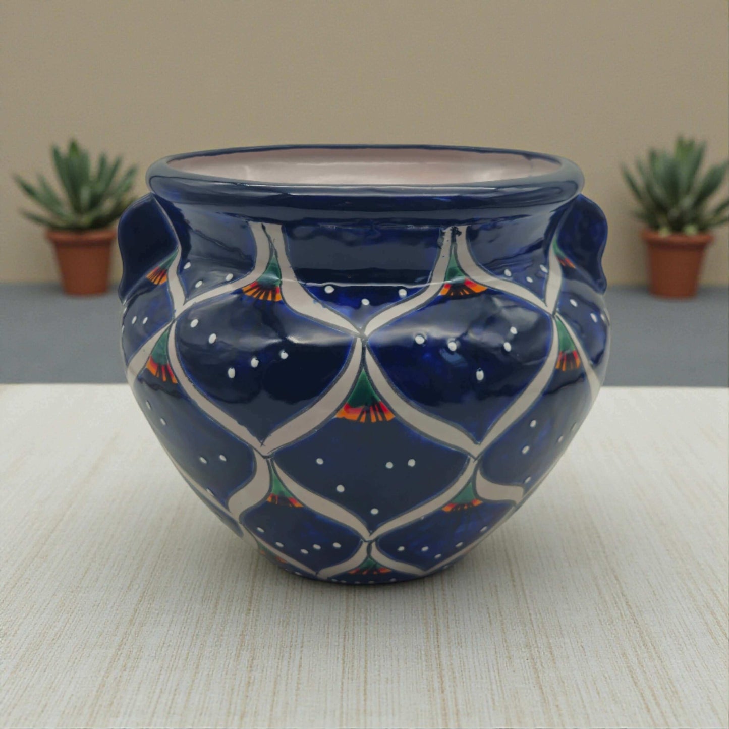 Blue Peacock Talavera Pot | Hand-Painted Mexican Ceramic - deep cobalt blue hand-painted Talavera planter with peacock feather motifs, lead-free glaze