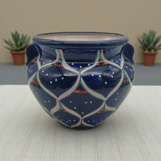 Blue Peacock Talavera Pot | Hand-Painted Mexican Ceramic - deep cobalt blue hand-painted Talavera planter with peacock feather motifs, lead-free glaze