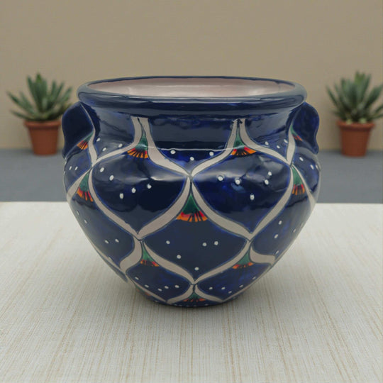 Blue Peacock Talavera Pot | Hand-Painted Mexican Ceramic - deep cobalt blue hand-painted Talavera planter with peacock feather motifs, lead-free glaze