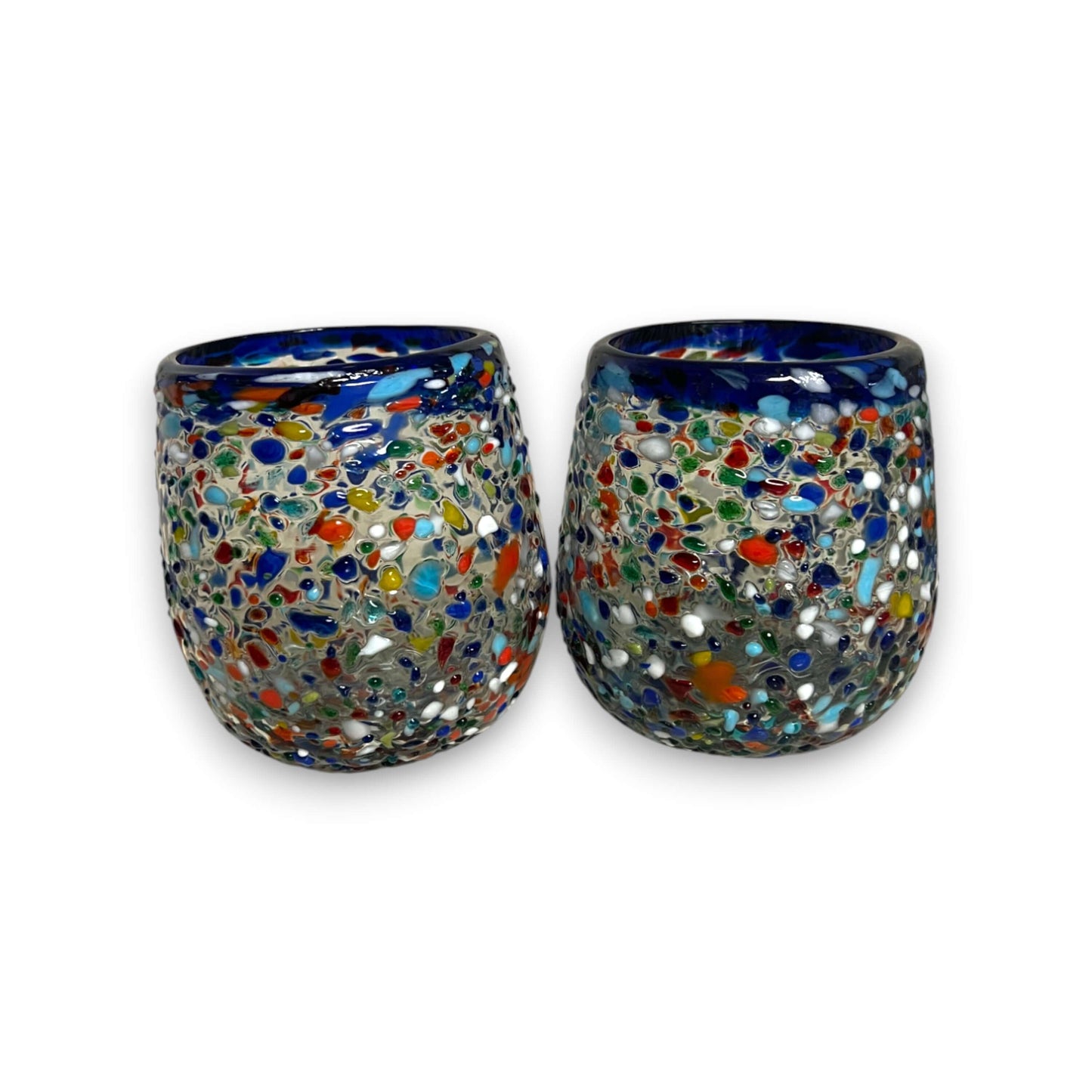 Blue Rim Confetti Wine Glass – Hand-Blown Mexican Glass