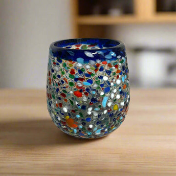 Blue Rim Confetti Wine Glass | Hand-Blown Mexican Stemless Cup — hand-blown lead-free glass with cobalt rim and colorful confetti dots, 12 oz capacity