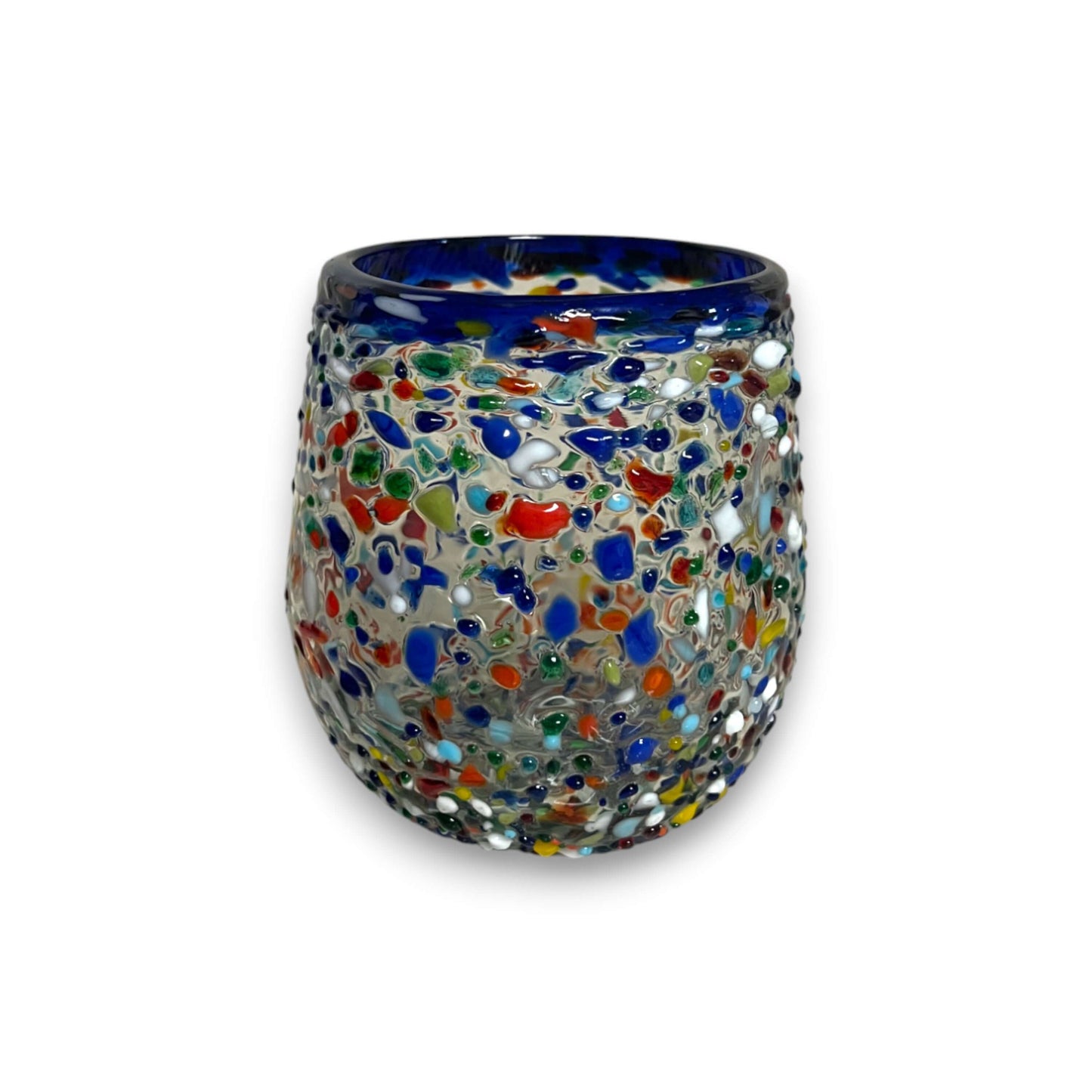 Blue Rim Confetti Wine Glass – Hand-Blown Mexican Glass