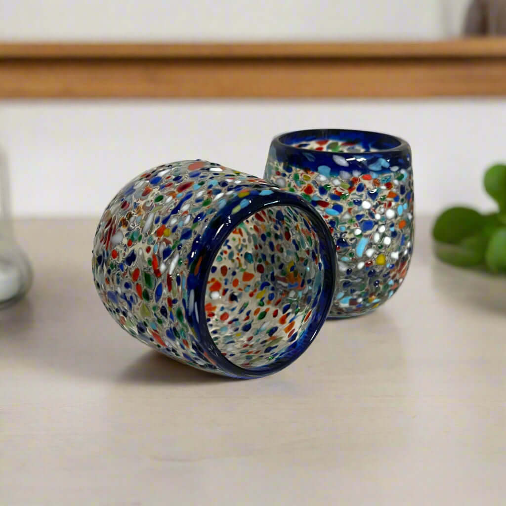 Blue Rim Confetti Wine Glass – Hand-Blown Mexican Glass