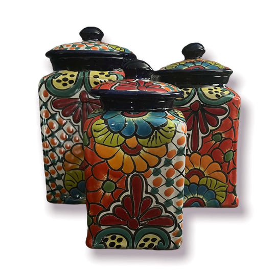 Blue Rim Talavera Canister Set | Multicolor Mexican Pottery Jars - hand-painted 3-piece square canister set from Guanajuato, kiln-fired lead-free glaze