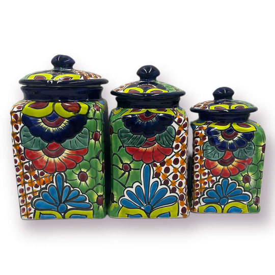 Blue Rim Talavera Canister Set | Multicolor Mexican Pottery Jars - 3-piece hand-painted Talavera canister set with blue rims and domed lids