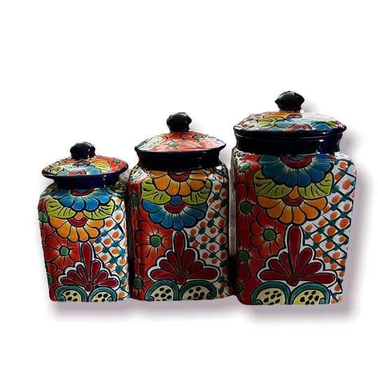 Blue Rim Talavera Canister Set | Multicolor Mexican Pottery Jars - handcrafted 3-piece square canister set with domed lids from Guanajuato, Mexico