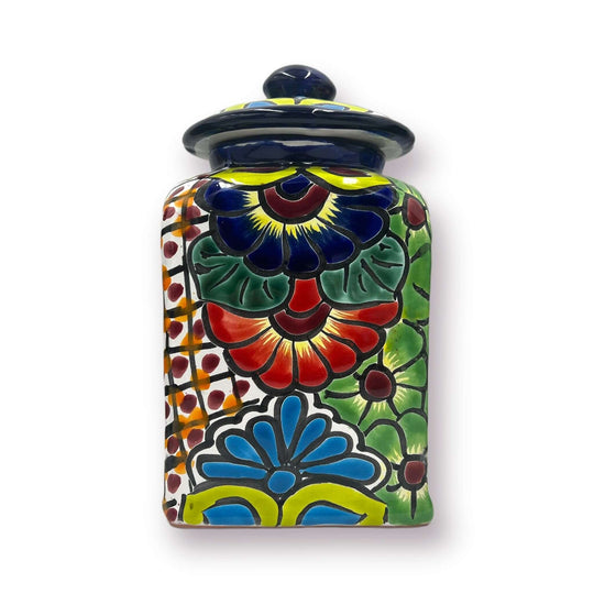 Blue Rim Talavera Canister Set | Multicolor Mexican Pottery Jars hand-painted square canister with domed lid, vibrant floral Talavera design