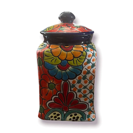Blue Rim Talavera Canister Set | Multicolor Mexican Pottery Jars - hand-painted square canister with domed lid from Guanajuato