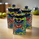 Blue Rim Talavera Canister Set | Multicolor Mexican Pottery Jars - 3-piece hand-painted square canister set with domed lids, Guanajuato Talavera
