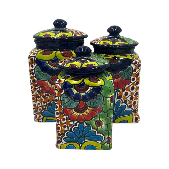 Blue Rim Talavera Canister Set | Multicolor Mexican Pottery Jars - 3-piece hand-painted square canister set with domed lids, Guanajuato Talavera