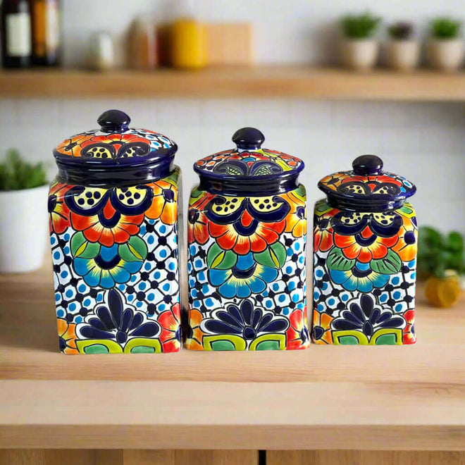 Blue Rim Talavera Canister Set | Multicolor Mexican Pottery Jars - handcrafted 3-piece square canister set with domed lids and vibrant floral Talavera design