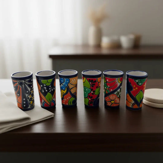 Blue Rim Talavera Shot Glass | Hand-Painted Mexican Drinkware - set of six colorful hand-painted Talavera tall shot glasses with bold blue rims