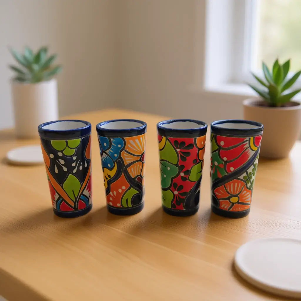 Blue Rim Talavera Shot Glass | Hand-Painted Mexican Drinkware - set of four colorful hand-painted tall shot glasses with bold blue rims