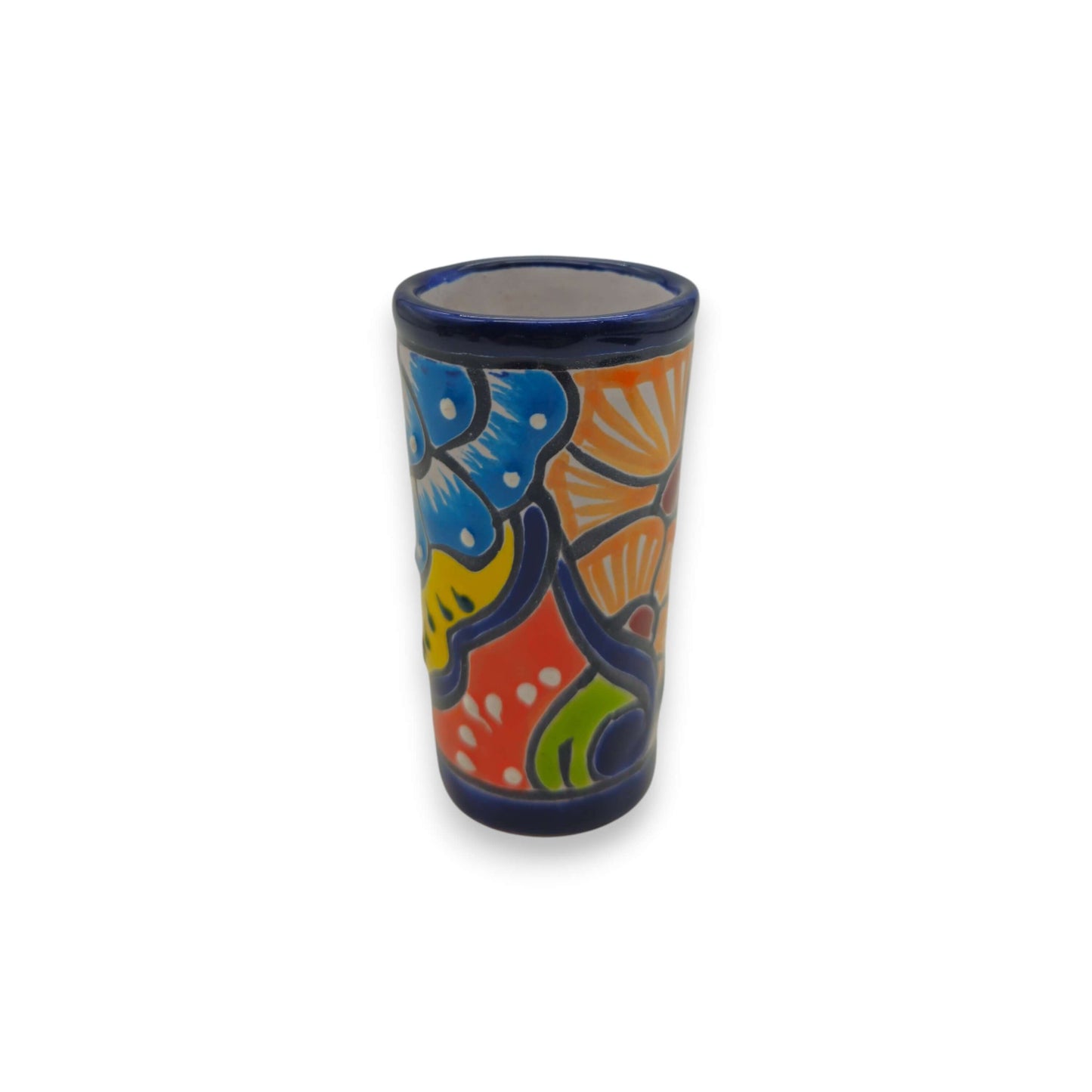 Blue Rim Talavera Shot Glass | Hand-Painted Mexican Drinkware - tall hand-painted Talavera shot glass with bold blue rim and floral geometric motifs