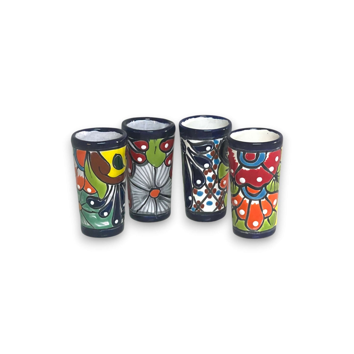 Blue Rim Talavera Shot Glass | Hand-Painted Mexican Drinkware tall hand-blown set with vibrant floral and geometric Talavera patterns
