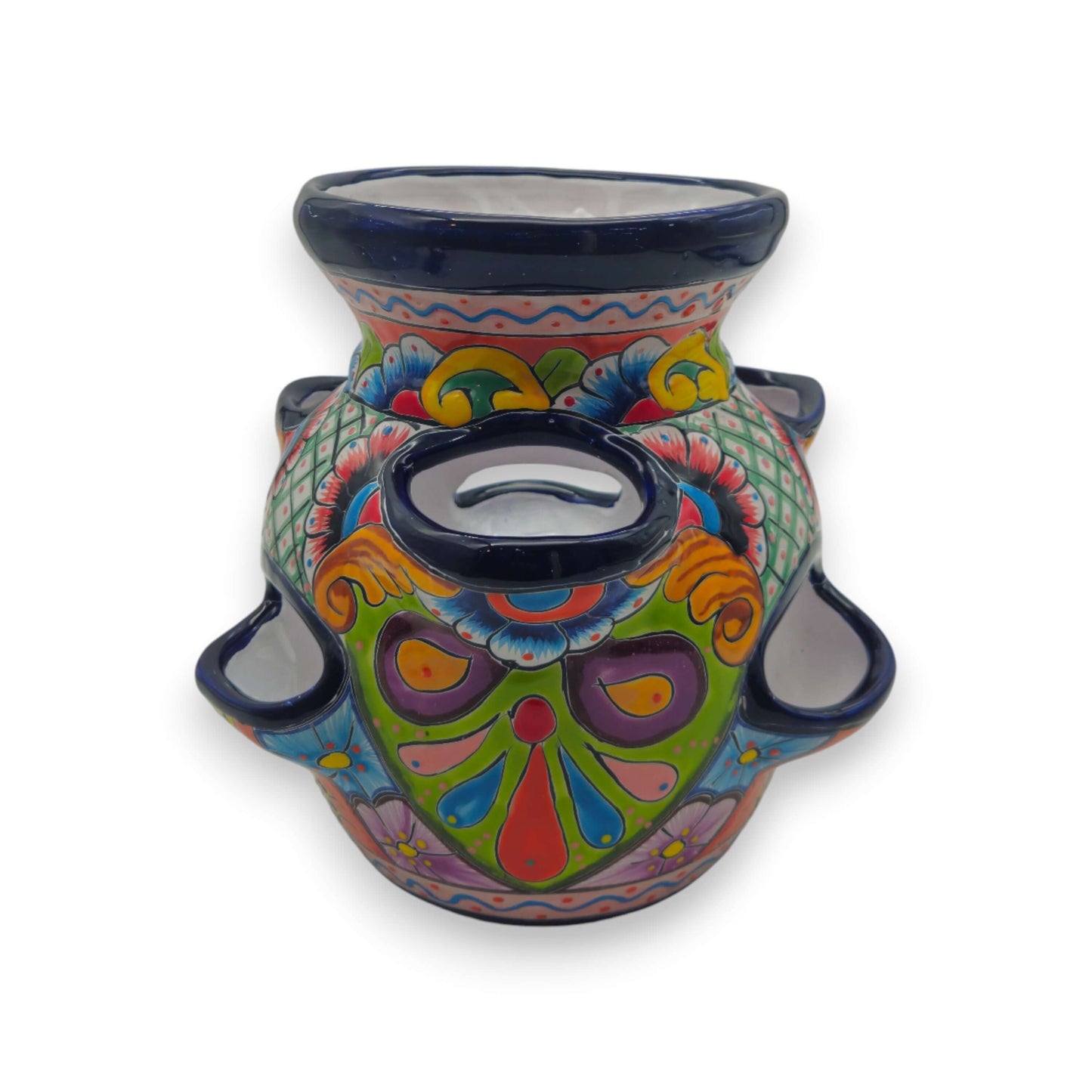 Blue Rim Talavera Strawberry Pot | Hand-Painted Mexican Planter showcasing hand-painted blue rim, colorful floral motifs, and tiered strawberry pockets