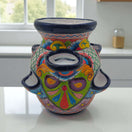 Blue Rim Talavera Strawberry Pot | Hand-Painted Mexican Planter - hand-painted multi-hued floral strawberry planter with deep blue rim, tiered pockets
