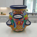 Blue Rim Talavera Strawberry Pot | Hand-Painted Mexican Planter on kitchen counter, vibrant hand-painted floral design with deep blue rim