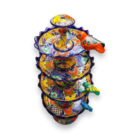 Blue Rim Tiered Talavera Fountain | Handcrafted Mexican Art – hand-painted multi-tier ceramic garden fountain with bright floral Talavera patterns