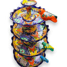 Blue Rim Tiered Talavera Fountain | Handcrafted Mexican Art - hand-painted multi-tier garden fountain with blue rim and colorful floral Talavera birds